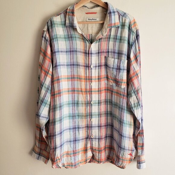 Tommy Bahama 100% Linen Plaid Shirt XL Relaxed Fit Multicolor Button Up - Picture 12 of 12